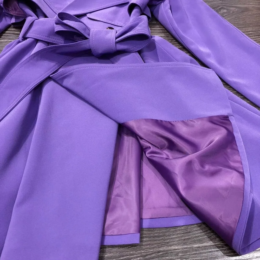 Европейская и американская женская одежда зима стиль длинный рукав двубортный на шнуровке Модный Фиолетовый Тренч