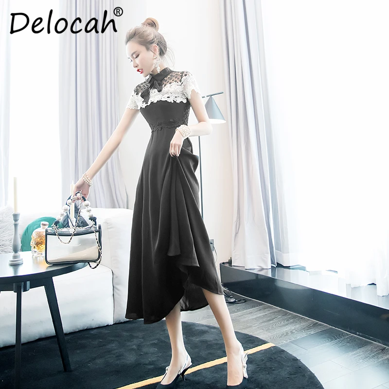 Delocah Runway Fashion Summer Midi Dress Women's Short Sleeve Bow Lace Splice High Waist Elegant Casual Ladies Black Dresses