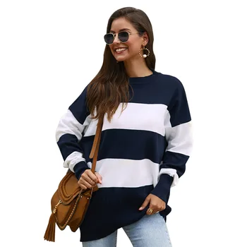 

2019 Warm Thicken Winter Sweater Women Casual Loose Knitting Sweaters Long Sleeve Splice Striped Sweater Fashion Pullovers Tops