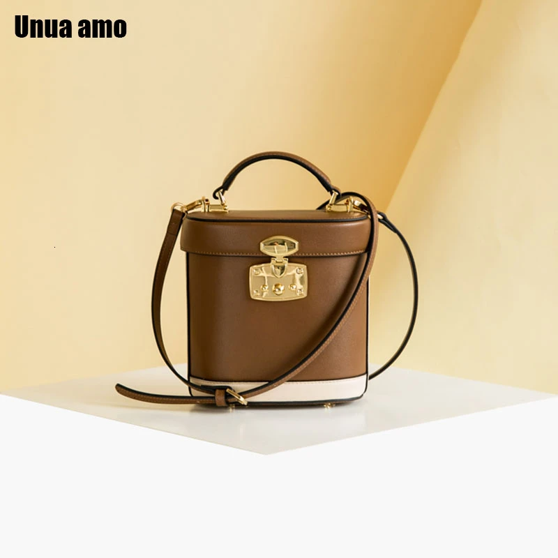 

Unua amo Brand Women Bucket Bag Luxury Genuine Leather Mini Handbags Contrast Color Design Ladies Shoulder Messenger Bags