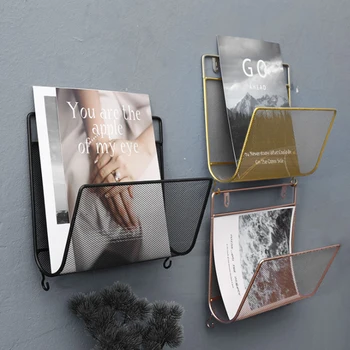 

1Pc Nordic Style Wall Mounted Rack Iron Bended Mesh Magazine Carrier Shelf Creative Book Album Holder with Small Hooks for Home