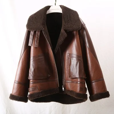 Winter Lamb Fur Bomber Real leather Jacket Women New Sheepskin Double Face Shearling Coat Oversized Genuine Leather Jackets - Цвет: Brown