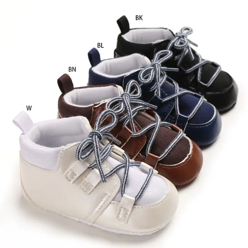 

Baby Boy Girls Faux Leather Patchwork Sneakers Soft Anti Slip Stripes Lace-up Solid Color Toddler Prewalker Crib Shoes 0-1T