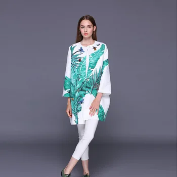 

2020 Autumn New Elegant Women's Butterfly Print Japanese Banana Leaf Printed Jacquard Loose Oneck Full Coat Women Jacket