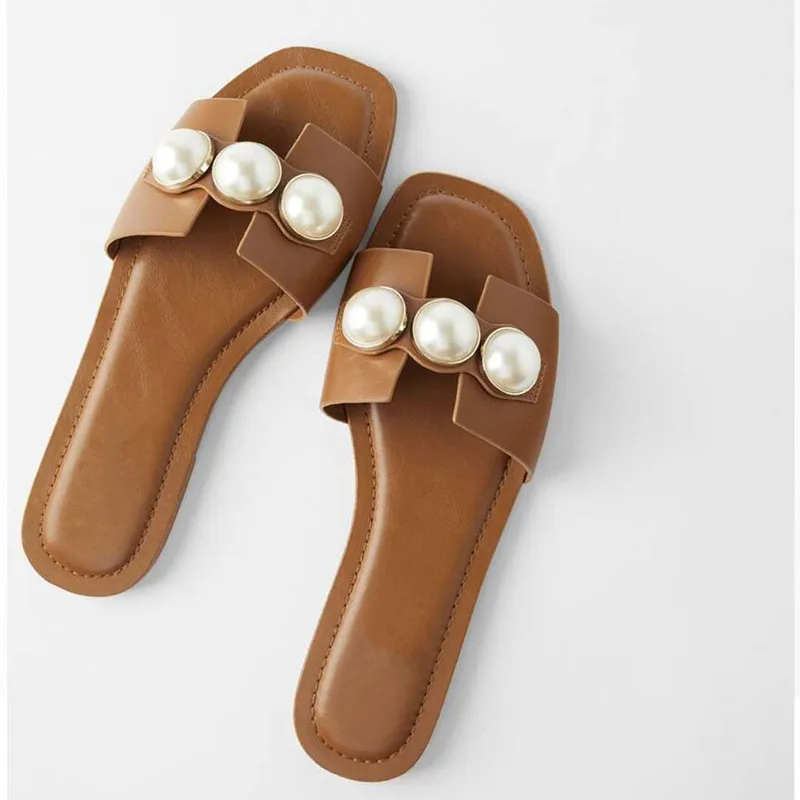 2020Fashion Summer Beach Party Dresses shoes Fulgurant Pearl  Sandals thin Belt Roman Flat Women Flip Flops Casual Flat Slippers