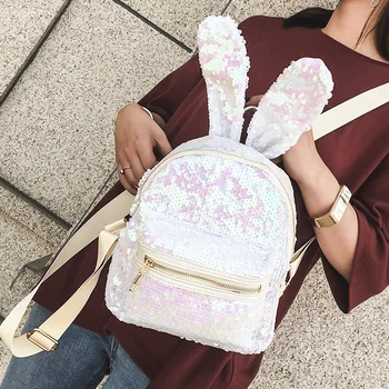 

Cute Rabbit Ear Mermaid Sequins Backpack Reversible Bagpack School Girls Travel Bag Leather Small Backpacks for Women Glitter