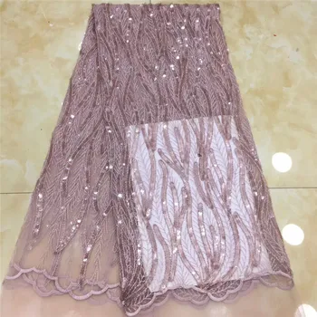

Embroidered French pink African Lace Fabric High Quality Guipure Sequined Cord Tulle Nigerian Mesh India Lace For Wedding Dress