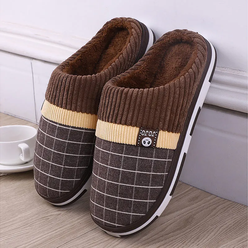 

Indoor Slippers for Men 2020 Warm Short Plush Slippers Non-slip House Slippers Sewing Soft Rubber Household Shoes Male