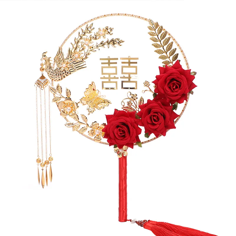 Китайский традиционный веер с кисточками для невесты винтажный Круглый Ручной Веер с розами реквизит для свадебной фотосъемки