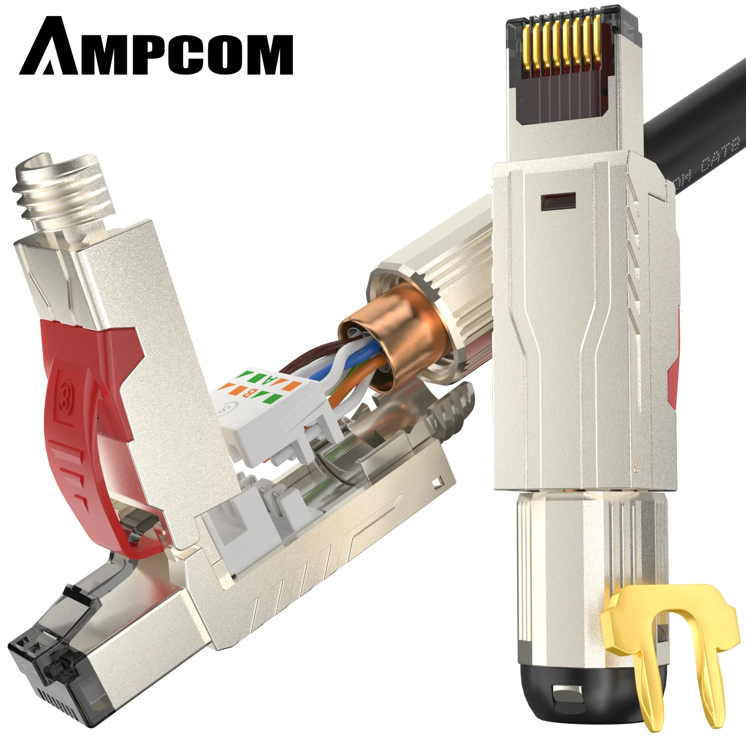 AMPCOM 2Pcs Cat8 Shielded Modular Plug - Field Termination Tool-Free 40G 2Ghz, 22-24AWG - (Fits Cat7A & Cat8 Cable) AMPCOM 2Pcs Cat8 Shielded Modular Plug - Field Termination Tool-Free 40G 2Ghz, 22-24AWG - (Fits Cat7A & Cat8 Cable)