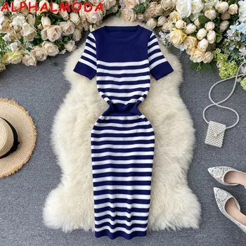 

ALPHALMODA New Casual Knitting Dress Women Summer Short-sleeved Pullovers Striped Vintage Wrap Dress