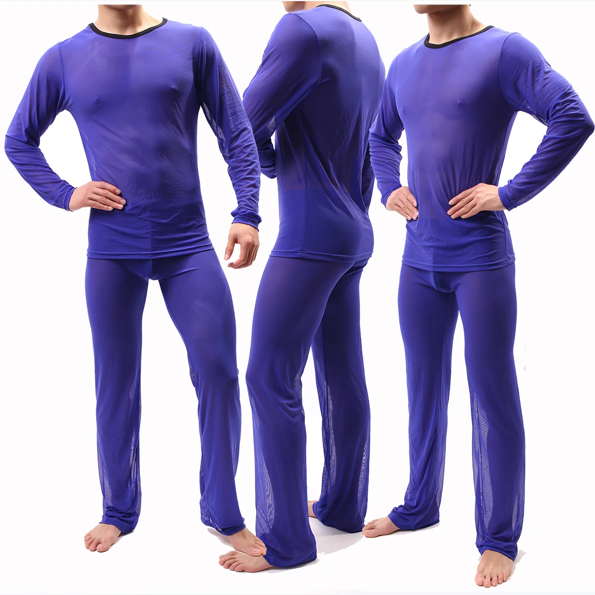 

Sexy Men Pajamas Sets See Through Ice Silk T-shirts No Seaming Tee Thin Man T-shirt & Pants Pajama Sexy Male Pajamas Sleepwear