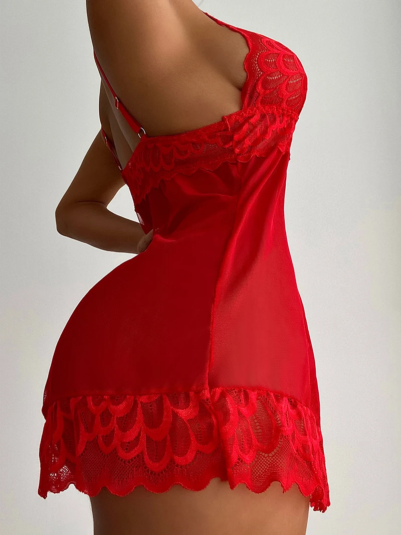 Sexy Sleepwear Deep-V Night Dress Women Sleeping Nightgown Red Lace Nightie Lingerie Sleeveless Mini Dress Homewear women lingerie,women nightgowns,women nightdresses,sleeping dress