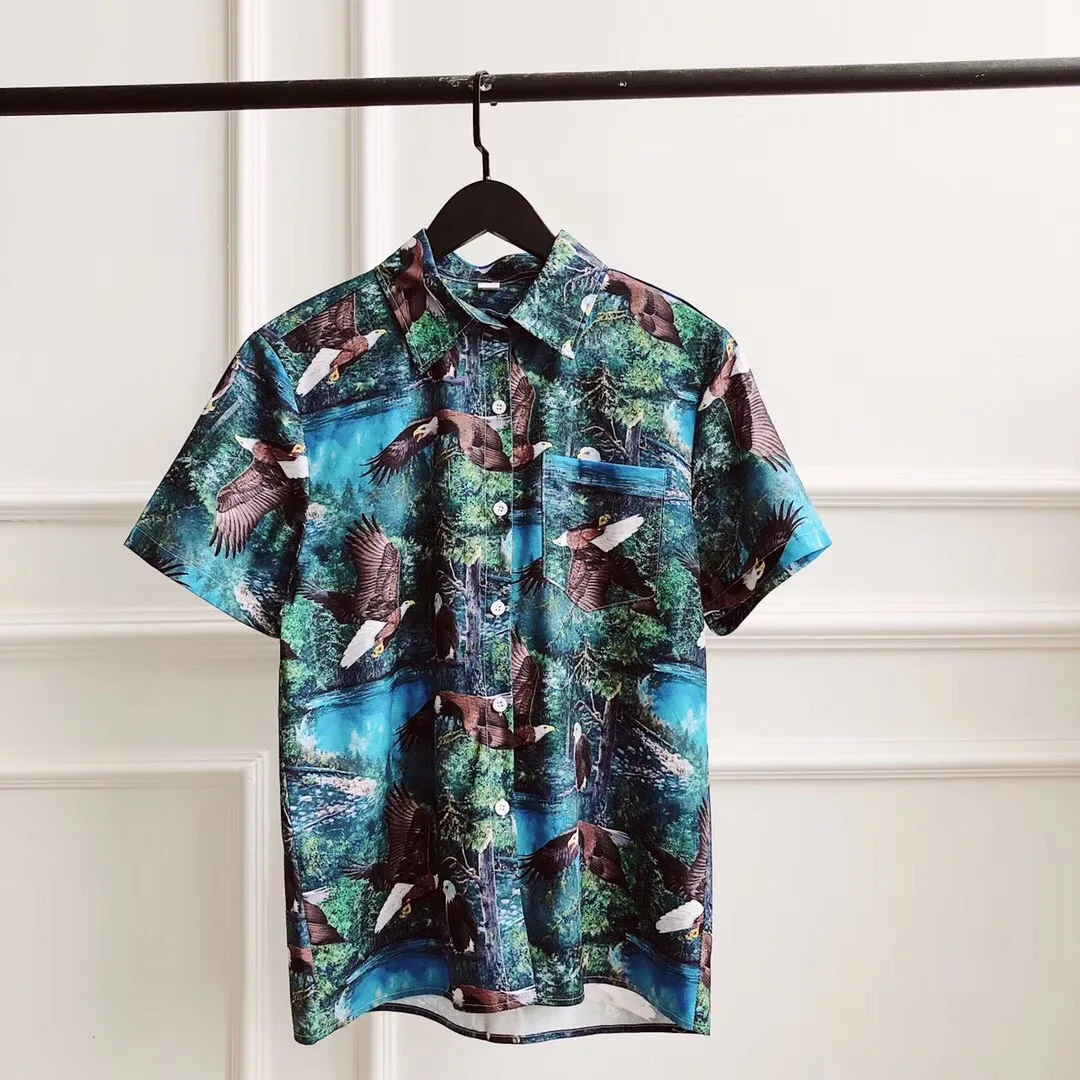 Rhude полный орел печатных женщин мужчин короткий рукав рубашки хип хоп Уличная мужская хлопковая Повседневная рубашка Rhude