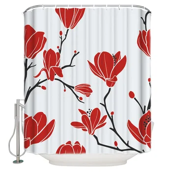 

Red Floral Pattern Seamless Pattern Bathroom Shower Curtain Set with Hooks