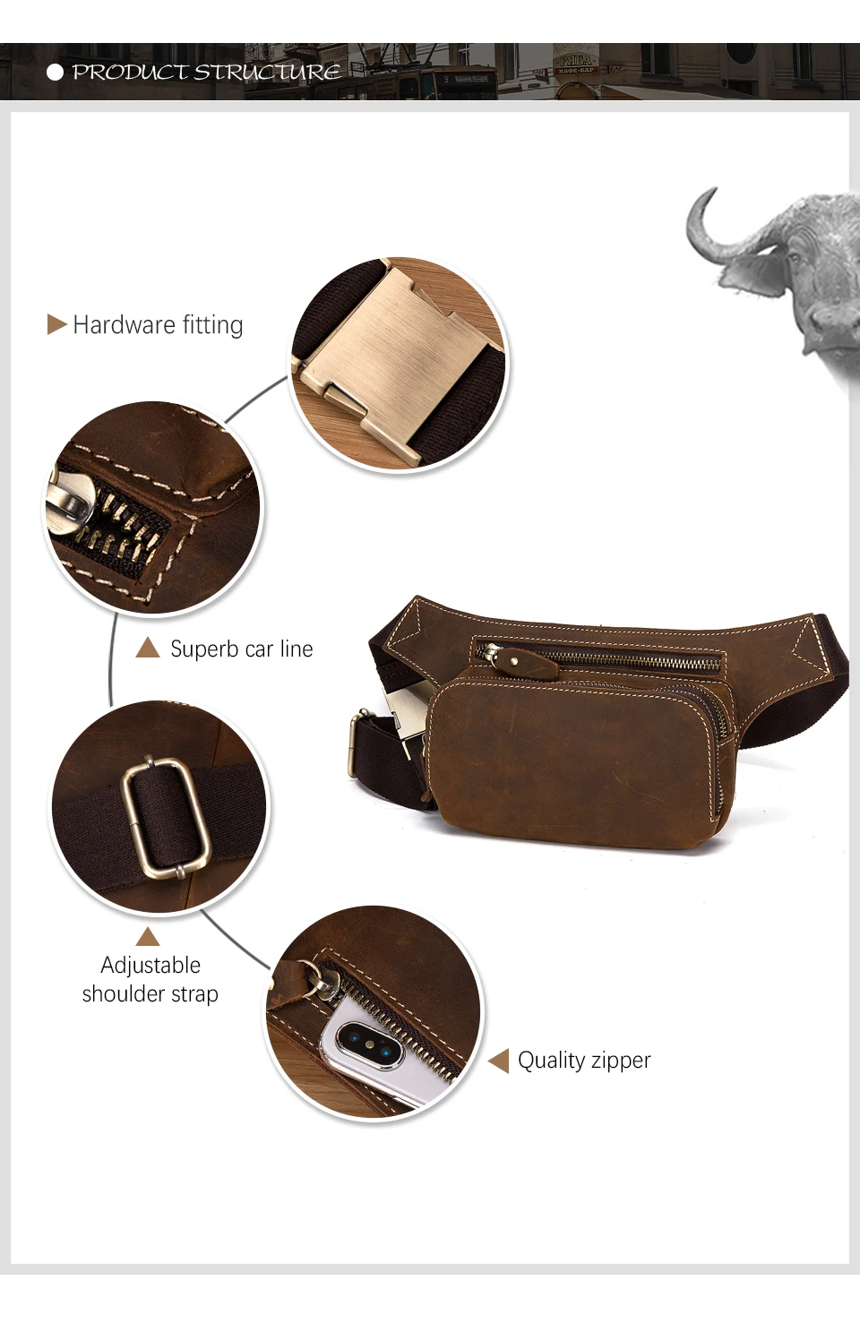 Hot Sale Crazy Horse Leather men Retro Travel Fanny Waist Belt Chest Pack Sling Bag Design Bum Phone Cigarette Case Male 1353