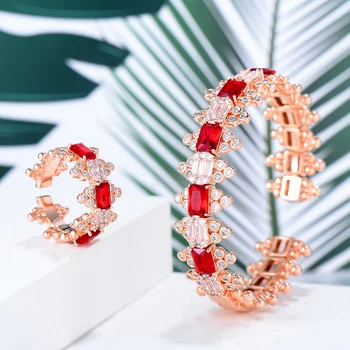 

Luxury Exquisite Flexible Scalable Micro Cubic Zirconia Openning Bracelet Ring Sets Chic Bridal Wedding Jewelry High Quality