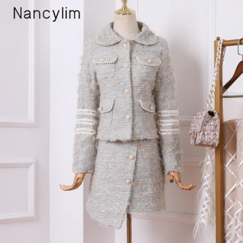 

Autumn Winter Wool Sets Women Thick Tweed Jacket Sets Fashion Beaded Woolen Coat + Irregular Skirt Small Fragrant Women's Sets