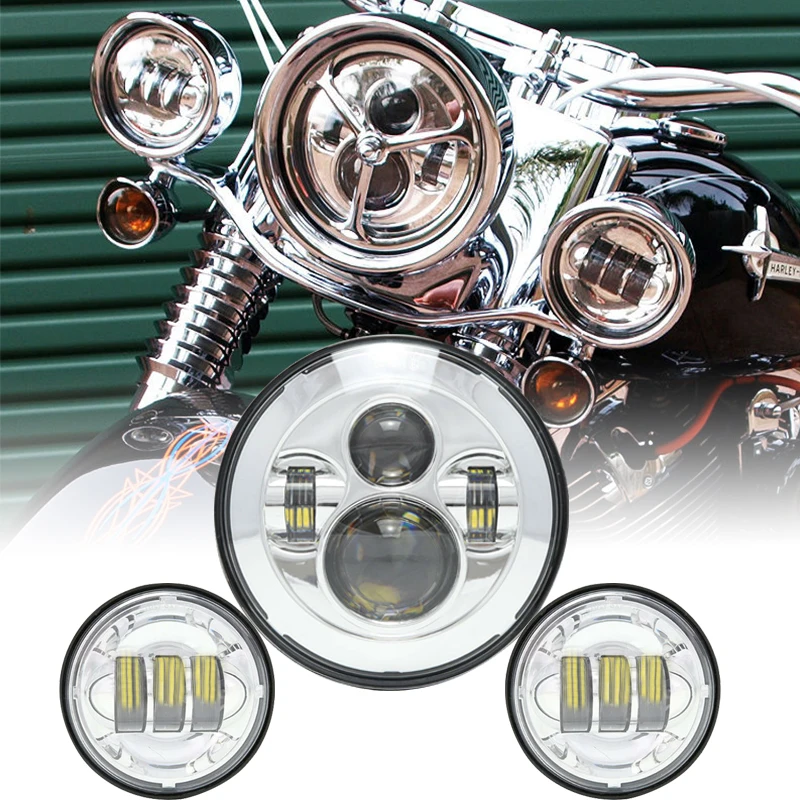 

7" LED Projector Motor Headlight + 4 1/2 Passing Fog Lights for Touring Electra Glide Black 7 inch LED Headlamps