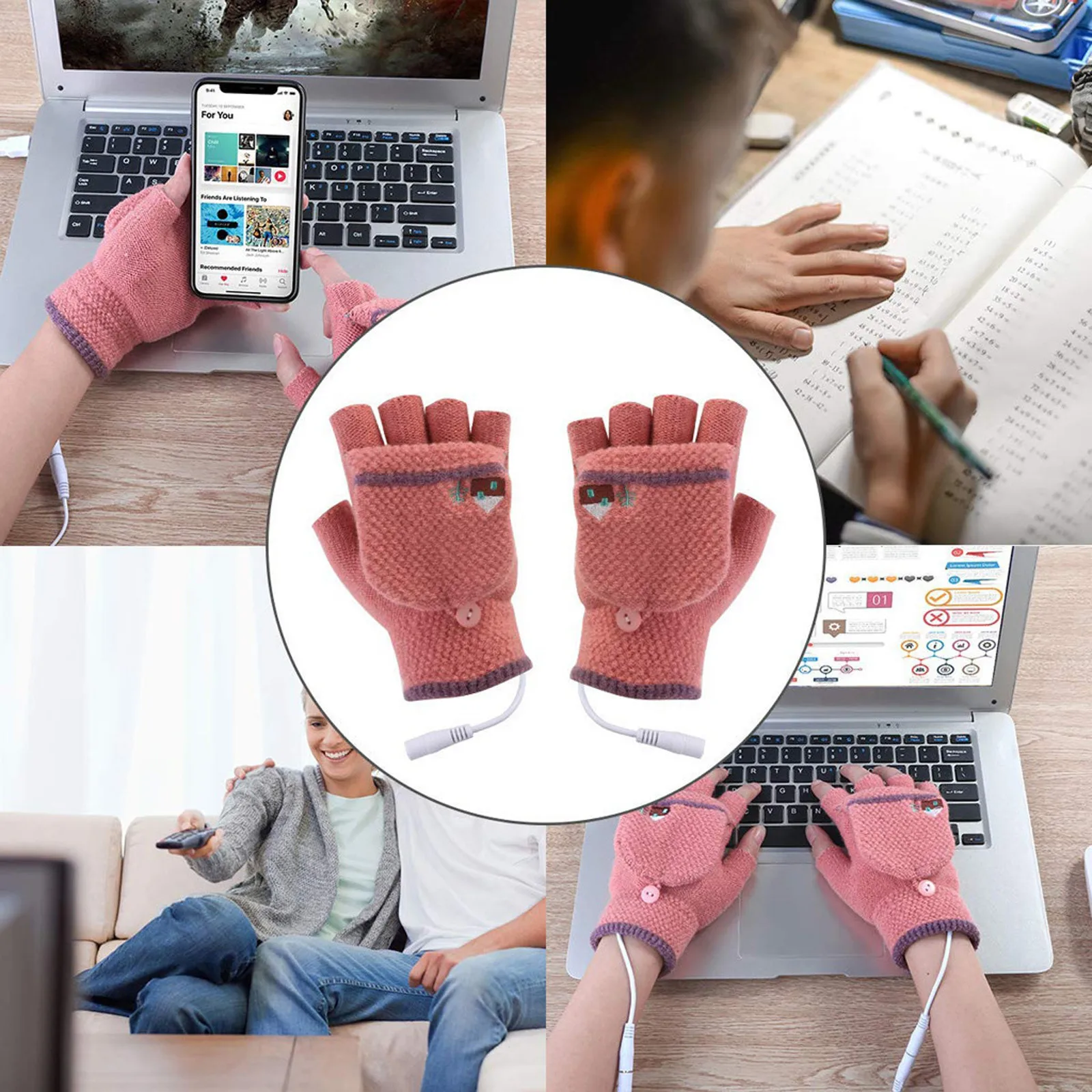 2020 New Laptop Women Men USB Heated Mitten Full&Half Finger Winter Warm Knit Hand Gloves