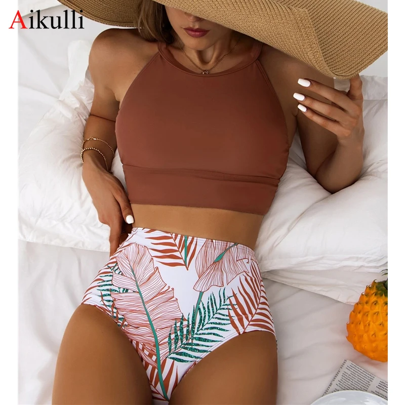 Brown Leaf Print High Waist Bikini Set Swimsuit Women High Neck Tankini Two Pieces Swimwear 2022 Sexy Female Sports Bathing Suit three piece bikini