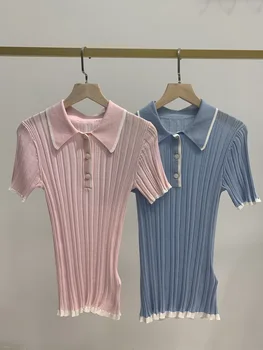 

Brand fashion women's high-end luxury summer elegant stretch cutout slim knit thin Polo shirt top