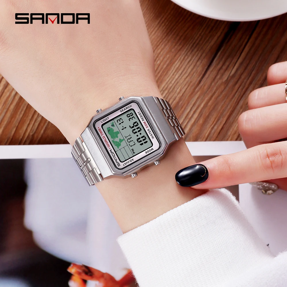 Sanda hot sale square digital couple sports watch hand lamp electronic watch world map waterproof steel 1