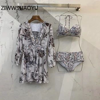 

ZIWWSHAOYU Summer Sexy Floral Print Bikinis Set Designer Women V-Neck Short Dress Halter Triangle Padded Beach Wear Bathing Suit