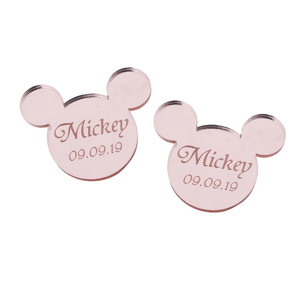 font 7 Gold Pink 20 шт персонализированное гравированное зеркало Микки Маус Надпись Логотип, название Baby Shower бирки настольные украшения для вечеринки, дня рождения 4 см - Цвет: font 7 Gold Pink