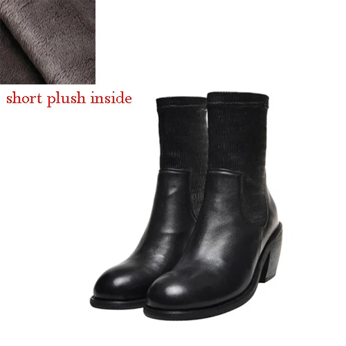 Эластичные ботильоны без застежки; женская обувь из натуральной кожи; зимняя Брендовая обувь с круглым носком на толстом каблуке 7 см; размеры 34-41; XL16; muyisxi - Цвет: black short plush
