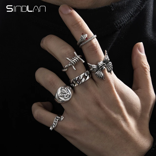 Sindlan 4Pcs Punk Skeleton Silver Color Rings for Men Gothic Flame Rivet Za  Couple Emo Fashion Jewelry Anillos Para Hombre Bague