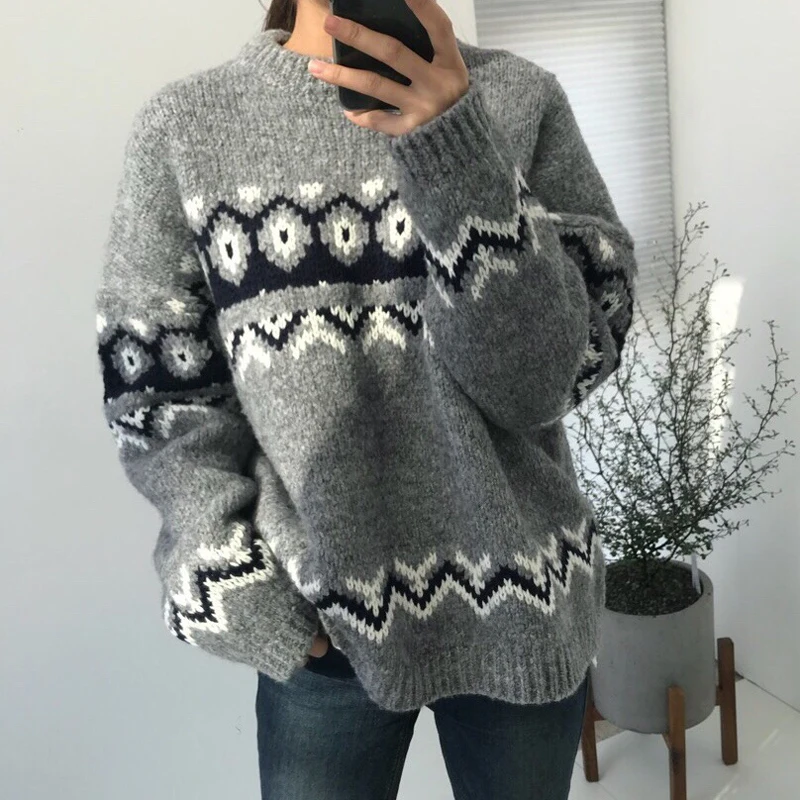 Women Winter Cristmas Sweater Jacquard Knitted Tops Pullovers Vintage Casual Plus Size Sueter Mujer Maglioni Donna 45