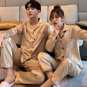 

Autumn New Fashion Sleepwear Matching Couple Pajama Sets Imitated Silk Fabric Pyjama Suit Lovers' Homewear Loungewear