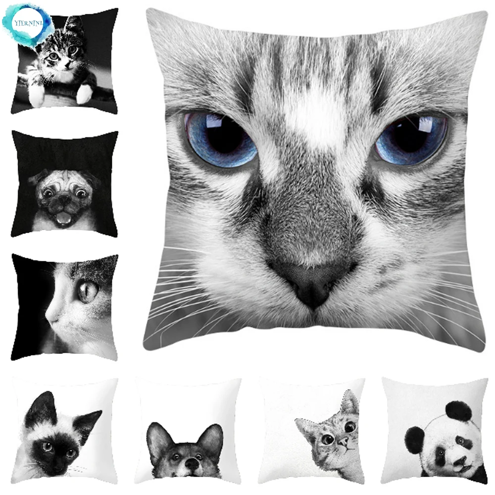 Black and White Cartoon Dog Cat Printed Decorative Cushion Cover Polyester Pillow Case Kid Room Chair Sofa Home Decor 45X45CM | Дом и сад