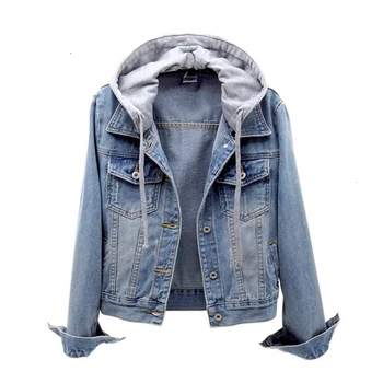 

Yocalor Fashion Slim Hooded Bomber Denim Jacket Women Autumn Fashion Light Blue Cowboy Jackets Detachable Hat Jean Coats