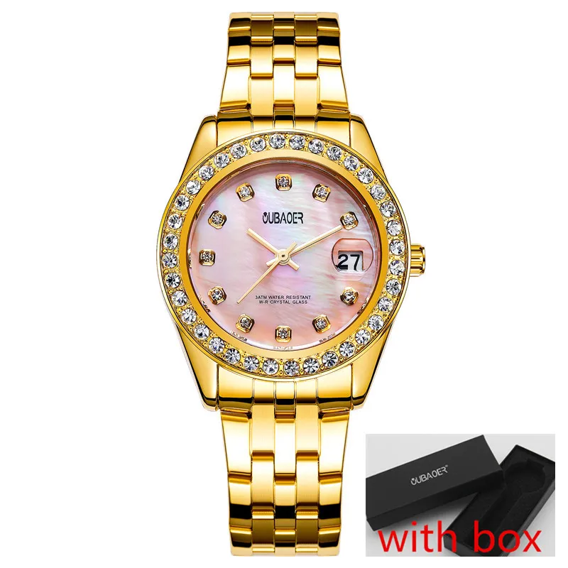 OUBAOER золотые кварцевые часы с бриллиантами для женщин; известный бренд роскошные золотые женские часы Montre Femme relogios femininos - Цвет: gold pink 091A box