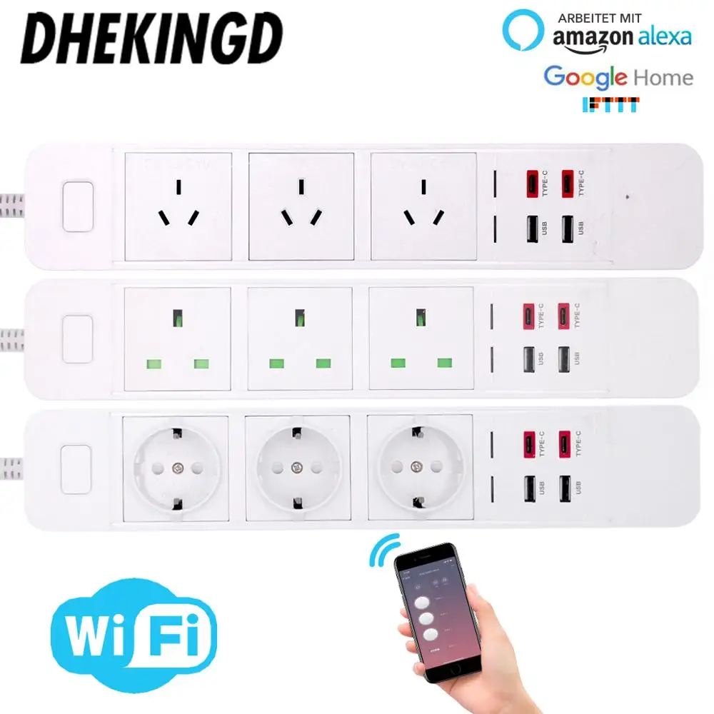 

Wifi Smart Power Strip EU/UK/AU with 2 USB 2 Type-c Charging PortTiming App Voice Control Work with Alexa Google Home Assistant