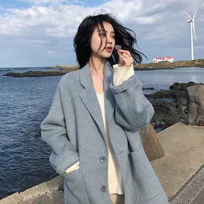 Sky Blue Женская новая зимняя теплая одежда, утепленная шерстяная куртка, Женская Корейская версия, короткое свободное синее шерстяное пальто - Цвет: Sky Blue