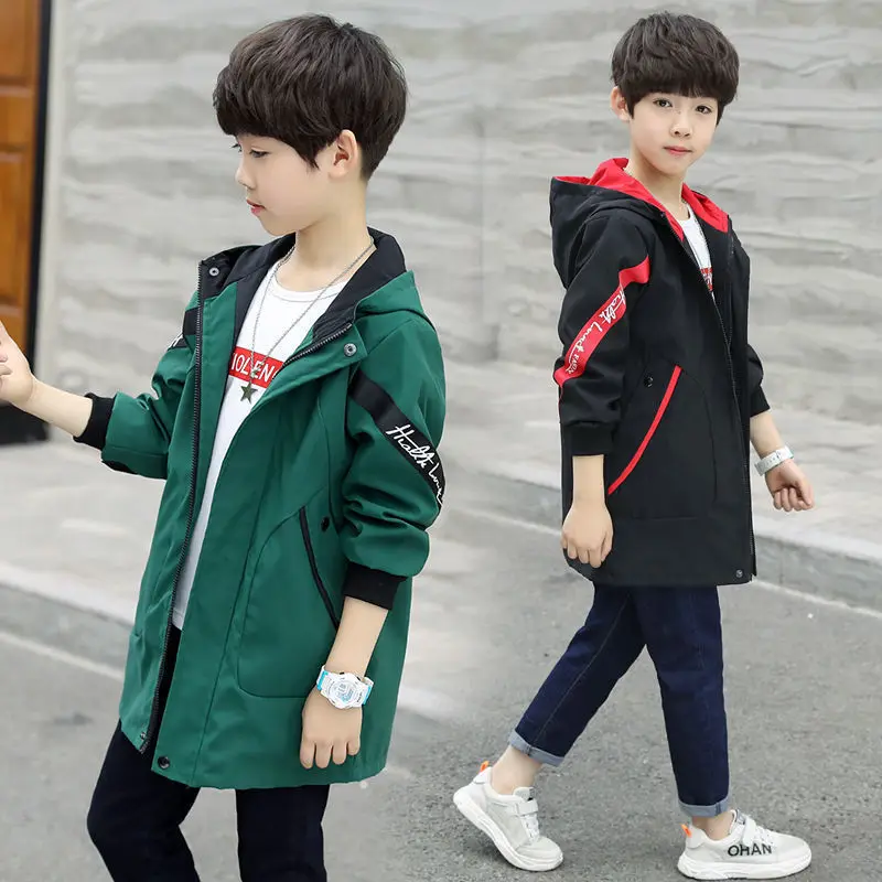 

Spring Autumn Teenagers Boys Trench Coat New Children Fashion Casual Cotton Hooded Outerwear For Boys Long Jacket 4-10T 2019 New