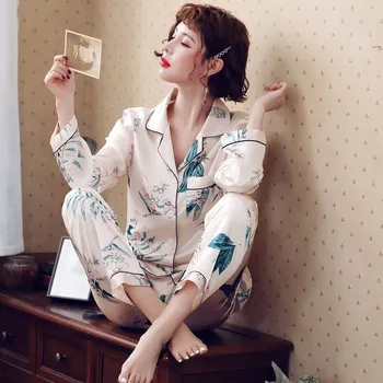 

Women Print Pajamas Sets Long Sleeve 2PCS Sleepwear Women Satin Shirt&pants Female Silky Pyjamas Suit Casual Sleep Set Home Wear