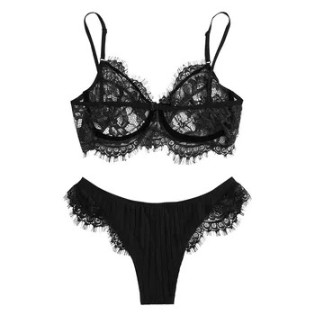 

Delicate New Women Sexy Lace Lingerie Sexy Wireless Bra Thong Garter Underwear sets Black G-string Sleepwear#g4