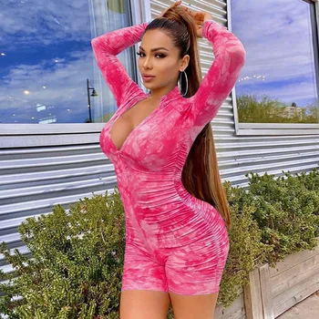 

Sexy Women tight-fitting butt lift Jumpsuits tie-dyed Zipper Deep V neck Long Sleeve Stretch Hip Package Jogging Playsuits