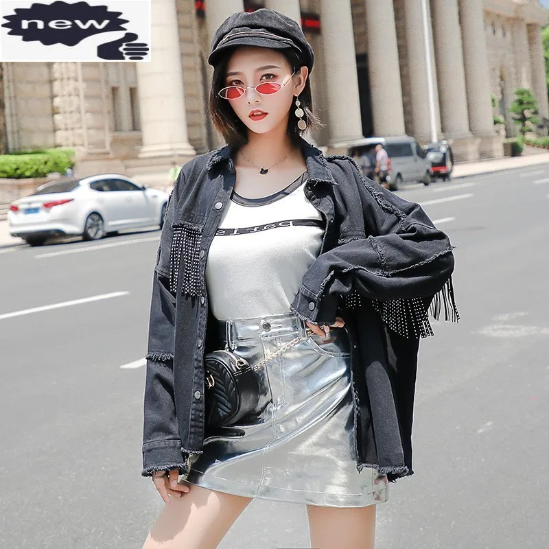 

High Street Brand New Patchwork Tassel Womens Denim Jackets Punk Long Sleeve Loose Oversize Female Medium Length Outerwear Coats