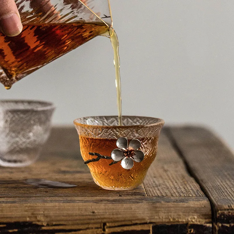 

Japanese Glass Cup Tin Plum Blossom Water Cup Flower Kung Fu Office Tea Set Drinking Glass Transparent Heat-resistant Tea Cup