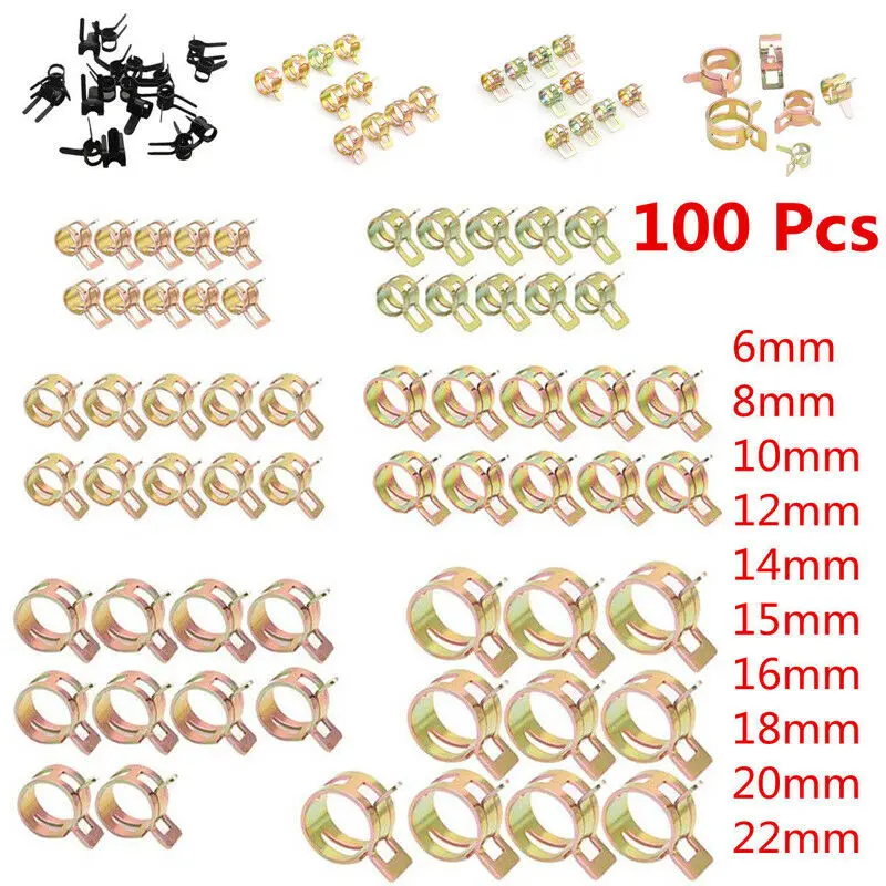 100Pcs high quality 65MN spring steel Spring Clip Water Pipe Fuel Hose Air Tube Clamp Fastener 6-22mm 10 Sizes