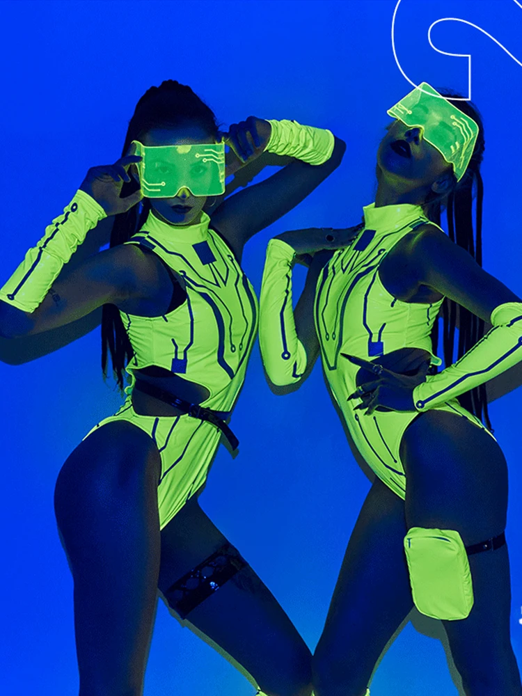 Fluorescence Green Patent Leather Dancer Bodysuit Nigtclub Pole Dance Clothing Bar Gogo Dancign Performance Jumpsuit VDB3699