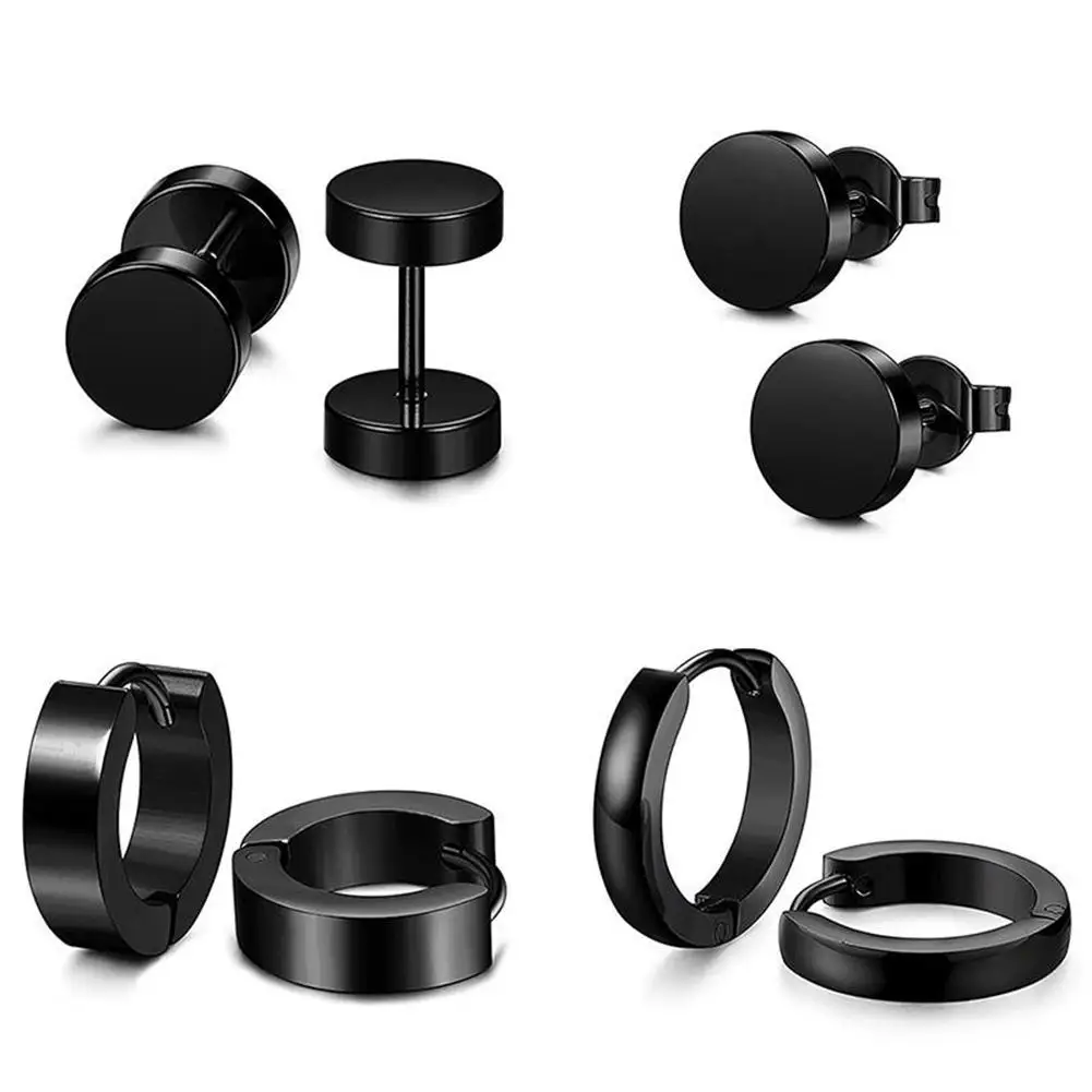 BLUELANS 4 Pairs Men Women Black Stainless Steel Earrings Round Dumbbell Stud Set | Украшения и аксессуары