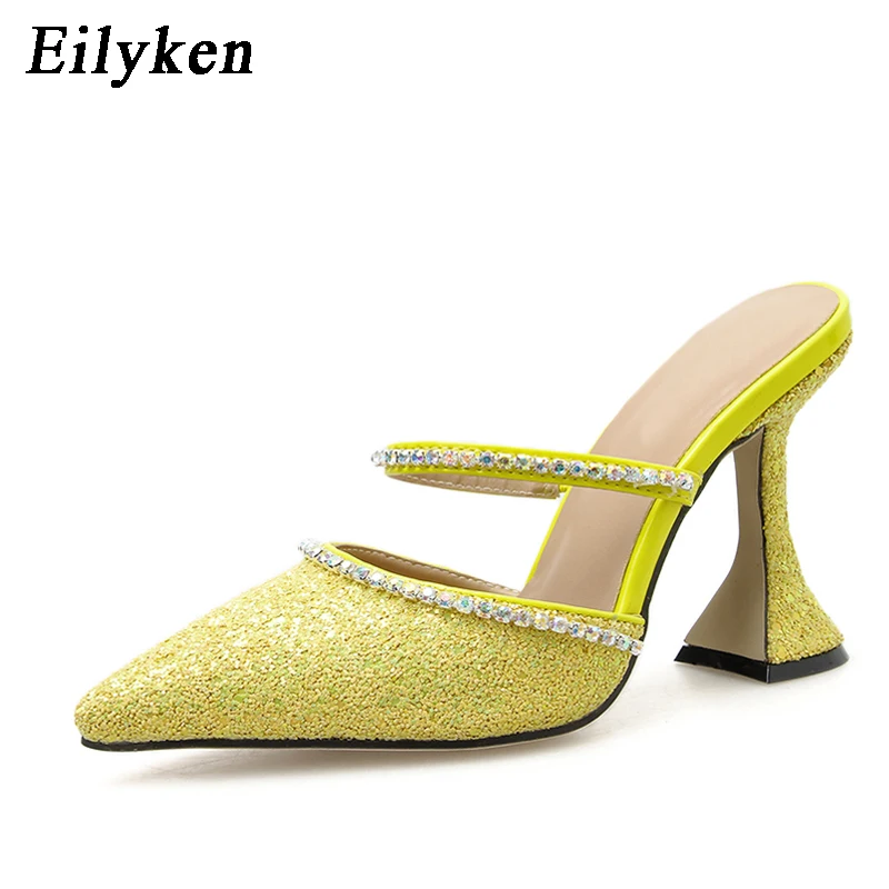 Yellow Eilyken летний модный, с украшениями в виде бриллиантов с украшением в виде кристаллов женские туфли-лодочки на высоком каблуке с острым носком шлёпанцы для женщин Femme для ночных клубов сандалии Туфли-лодочки - Цвет: Yellow