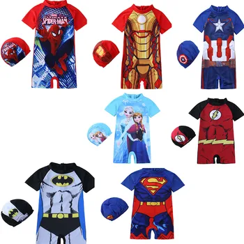 

Cartoon Print Kids Swimwear Boys Girls One-Piece Swimsuit Baby Swimsuit Plus Cap Hero Princess Children Bathing Suit