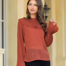 Causal Red Blouse Women O-Neck Long Flare Sleeve Ruffles Ruched See-Through Spring Summer Tops Fashion Shirt Clothes Roupas Causal Red Blouse Women O-Neck Long Flare Sleeve Ruffles Ruched See-Through Spring Summer Tops Fashion Shirt Clothes Roupas